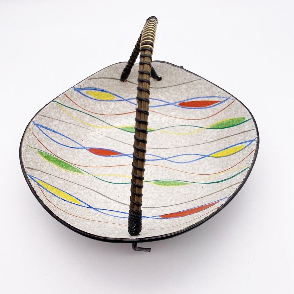 Vintage Napco Trinket Dish Bamboo Handle MCM Red Blue Yellow Green Silver - Picture 2 of 5